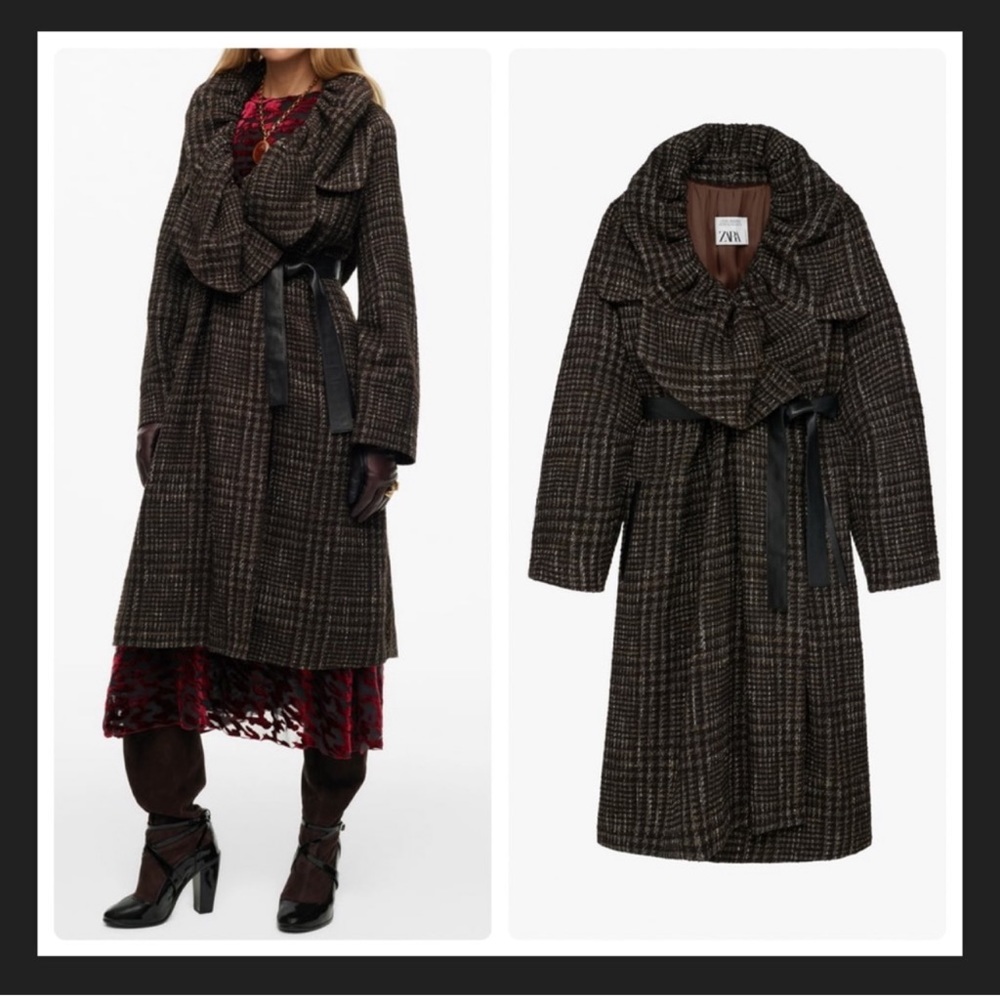 Zara Limited Edition Balloon Collar long Coat belted plaid